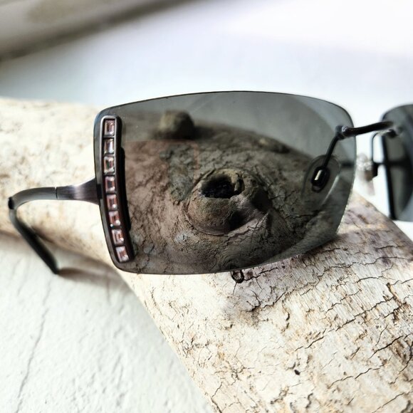 Y2K Vintage Narrow Slim Sunglasses Rectangular Black Frame with Crystals . - Picture 3 of 10